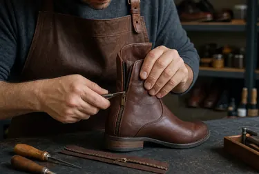 Sapateiro realizando o conserto de um zíper de bota em Itapevi.