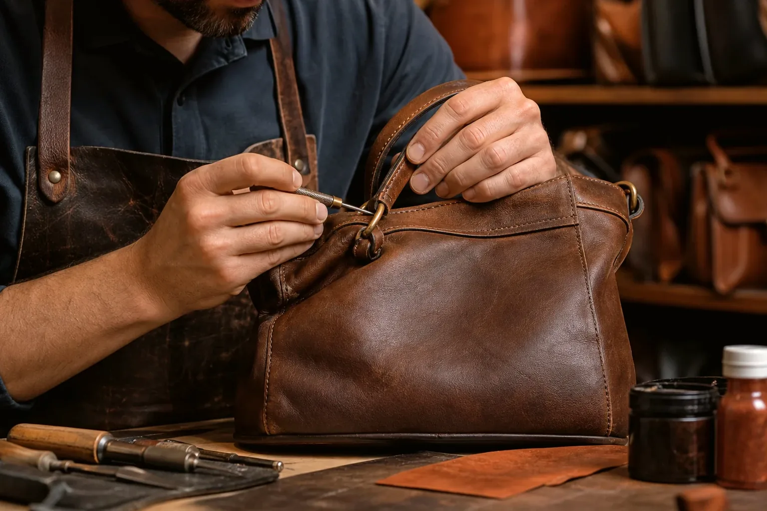 Sapateiro reformando bolsa de couro em Itapevi.